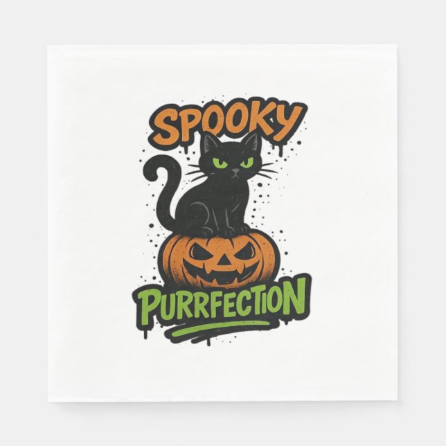 Spooky Purrfection – Cute Black Cat on Pumpkin Hal Napkin (Front)
