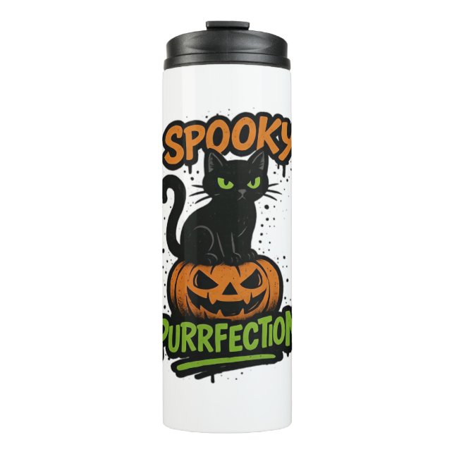 Spooky Purrfection – Cute Black Cat on Pumpkin Hal Thermal Tumbler (Front)
