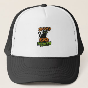 Spooky Purrfection Cute Black Cat on Pumpkin Hall Trucker Hat