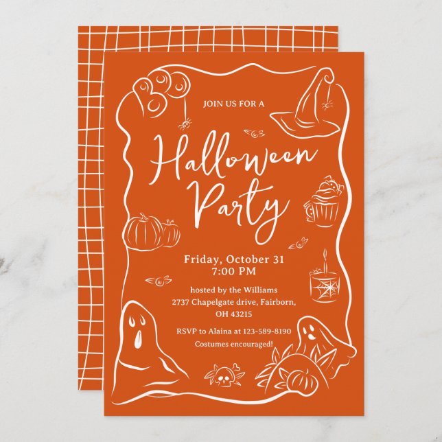 Spooky Quirky Hand Drawn Doodle Halloween Party  Invitation (Front/Back)