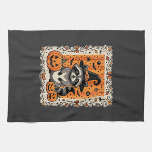 Spooky Racoon Halloween Pumpkin Design_1 Tea Towel