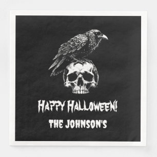 Spooky Raven Skull Halloween Paper Napkin