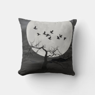 Spooky Ravens Flying Against the Full Moon Cushion