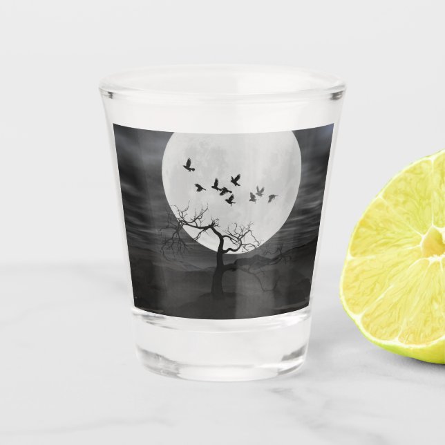 Spooky Ravens Flying Against the Full Moon Shot Glass (Front)