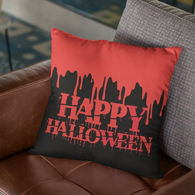 Spooky Red Blood Dripping Happy Halloween Cushion (Spooky Red Blood Dripping Happy Halloween Throw Pillow
)