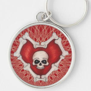 Spooky Red Heart Outlined in White Bones Skull  Key Ring