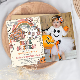 Spooky Retro Ghost Halloween 3rd Birthday Photo Invitation