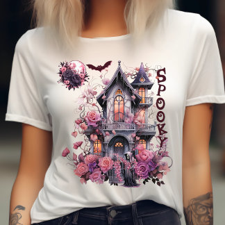Spooky-Retro-Pink Halloween-Haunted House-Rose T-Shirt
