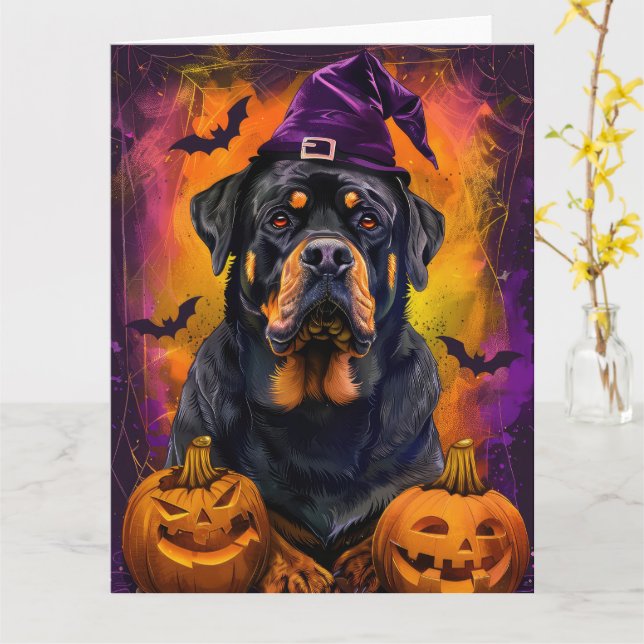 Spooky Rottweiler Dog Halloween Witch And Pumpkin Card (Yellow Flower)