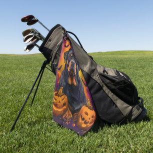 Spooky Rottweiler Dog Halloween Witch And Pumpkin Golf Towel