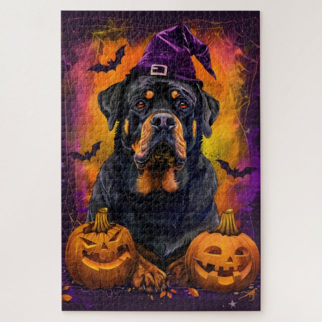 Spooky Rottweiler Dog Halloween Witch And Pumpkin Jigsaw Puzzle (Vertical)