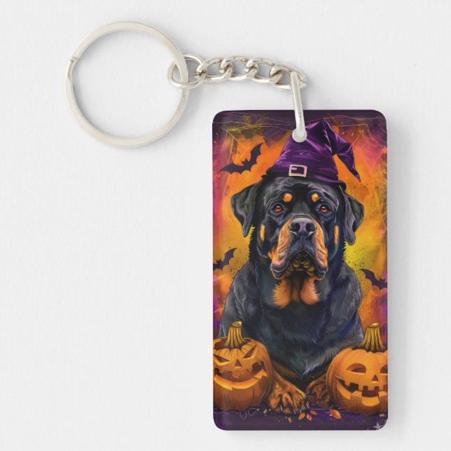 Spooky Rottweiler Dog Halloween Witch And Pumpkin Key Ring (Front)