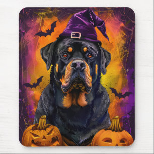 Spooky Rottweiler Dog Halloween Witch And Pumpkin Mouse Pad