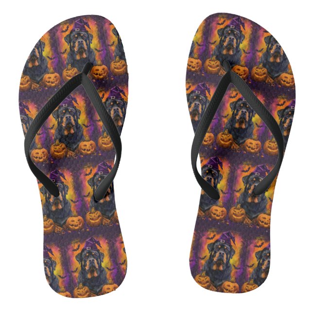 Spooky Rottweiler Dog Halloween Witch And Pumpkin Thongs (Footbed)
