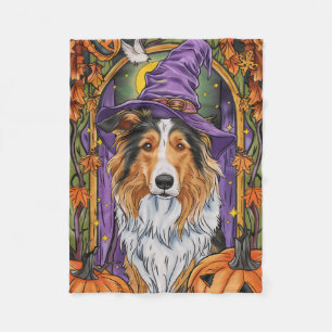 Spooky Rough Collie Dog Halloween Witch Pumpkin  Fleece Blanket