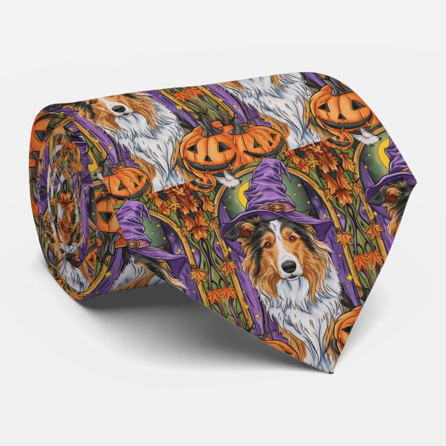 Spooky Rough Collie Dog Halloween Witch Pumpkin  Tie (Rolled)