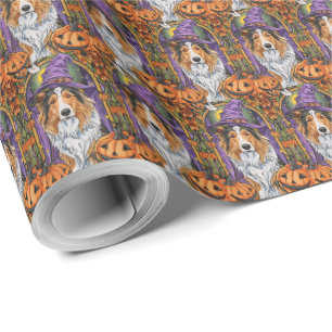 Spooky Rough Collie Dog Halloween Witch Pumpkin Wrapping Paper
