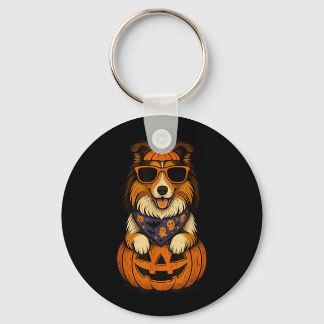 Spooky Rough Collie Pumpkin Halloween Dog Lover Key Ring (Front)