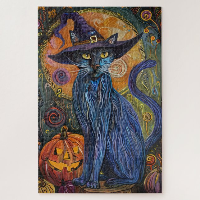 Spooky Russian Blue Cat Halloween Witch Pumpkin Jigsaw Puzzle (Vertical)