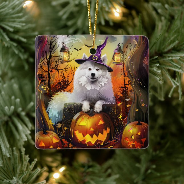 Spooky Samoyed Dog Halloween Witch And Pumpkin Ceramic Ornament (Tree)
