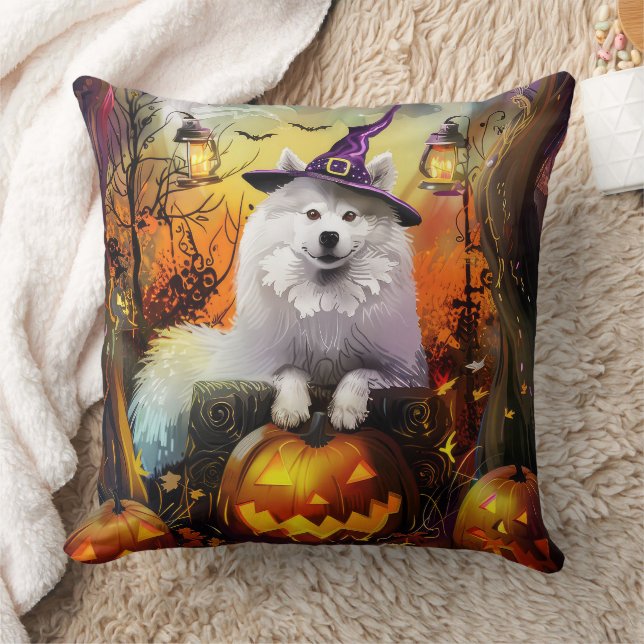Spooky Samoyed Dog Halloween Witch And Pumpkin Cushion (Blanket)