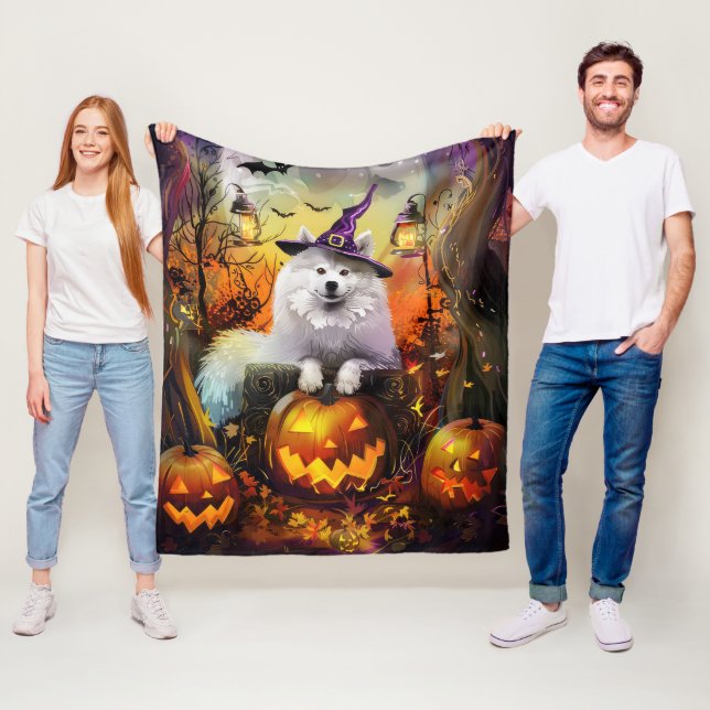 Spooky Samoyed Dog Halloween Witch And Pumpkin Fleece Blanket (In Situ)