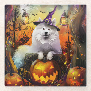 Spooky Samoyed Dog Halloween Witch And Pumpkin Glass Coaster