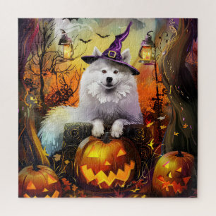Spooky Samoyed Dog Halloween Witch And Pumpkin Jigsaw Puzzle