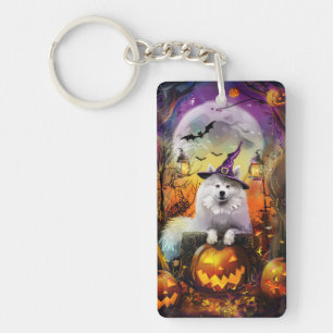 Spooky Samoyed Dog Halloween Witch And Pumpkin Key Ring