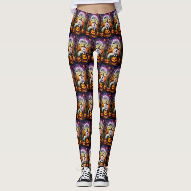 Spooky Samoyed Dog Halloween Witch And Pumpkin Leggings (Front)