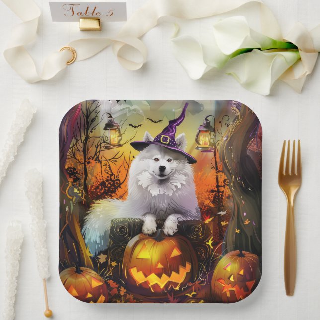 Spooky Samoyed Dog Halloween Witch And Pumpkin Paper Plate (Wedding)