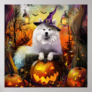 Spooky Samoyed Dog Halloween Witch And Pumpkin Poster