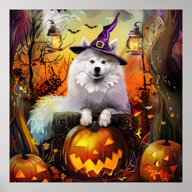 Spooky Samoyed Dog Halloween Witch And Pumpkin Poster (Front)