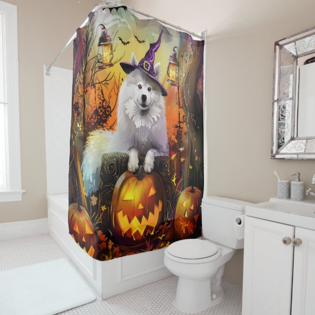 Spooky Samoyed Dog Halloween Witch And Pumpkin Shower Curtain (In Situ)