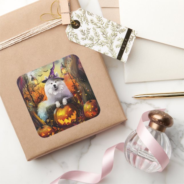 Spooky Samoyed Dog Halloween Witch And Pumpkin Square Sticker (Gifting)