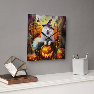 Spooky Samoyed Dog Halloween Witch And Pumpkin Square Wall Clock