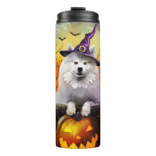 Spooky Samoyed Dog Halloween Witch And Pumpkin Thermal Tumbler