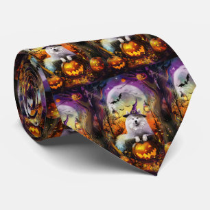 Spooky Samoyed Dog Halloween Witch And Pumpkin Tie