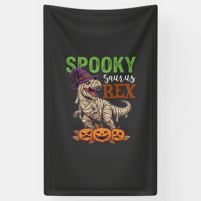 Spooky Saurus Rex Mummy Dinosaur Witch Hat Pumpkin Banner (Vertical)
