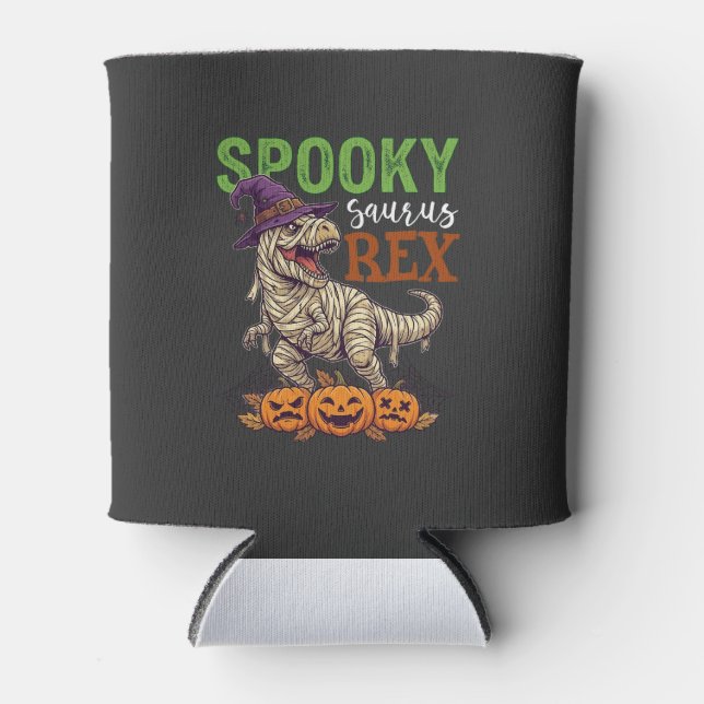Spooky Saurus Rex Mummy Dinosaur Witch Hat Pumpkin Can Cooler (Front)