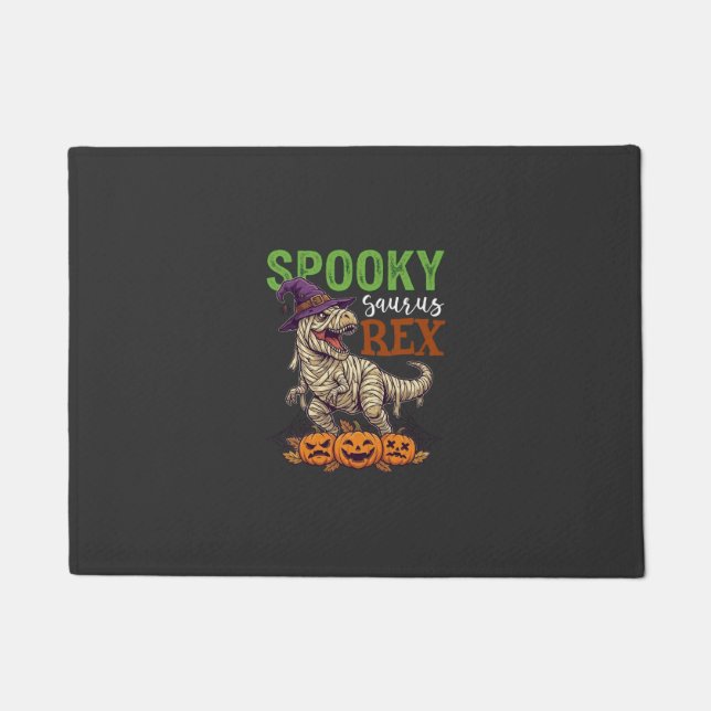 Spooky Saurus Rex Mummy Dinosaur Witch Hat Pumpkin Doormat (Front)