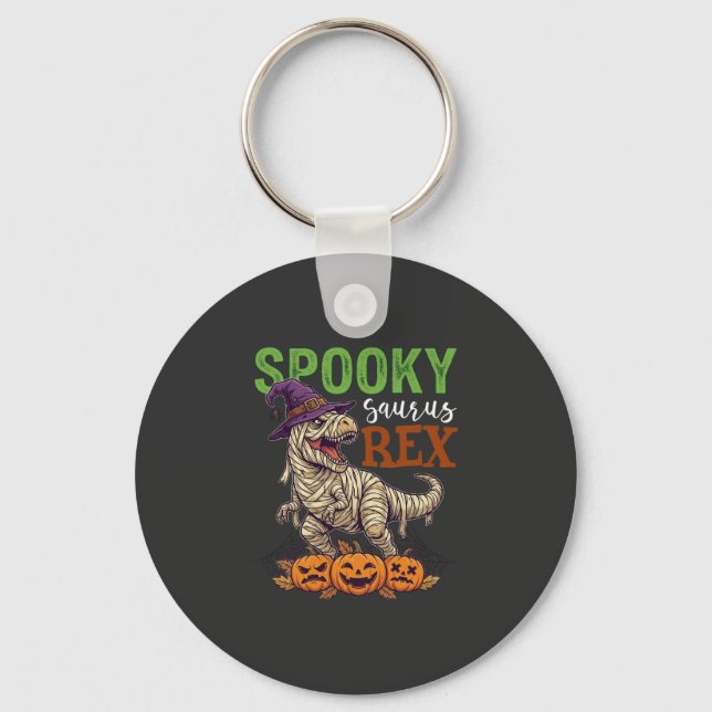 Spooky Saurus Rex Mummy Dinosaur Witch Hat Pumpkin Key Ring (Front)