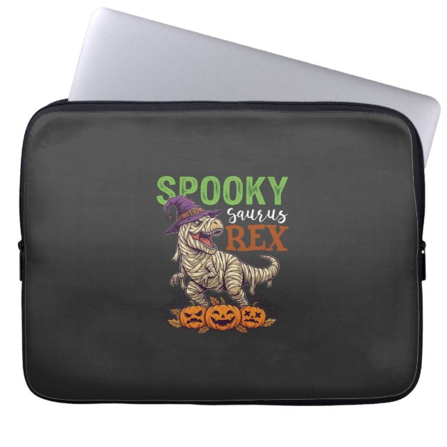 Spooky Saurus Rex Mummy Dinosaur Witch Hat Pumpkin Laptop Sleeve (Front)