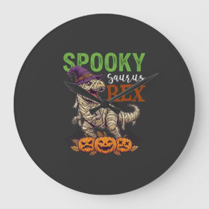 Spooky Saurus Rex Mummy Dinosaur Witch Hat Pumpkin Large Clock