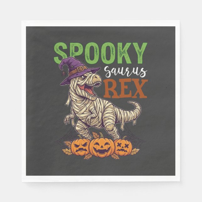 Spooky Saurus Rex Mummy Dinosaur Witch Hat Pumpkin Napkin (Front)