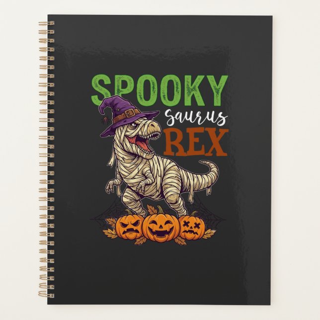 Spooky Saurus Rex Mummy Dinosaur Witch Hat Pumpkin Planner (Front)