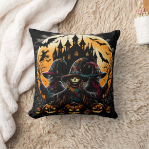 Spooky scarecrow in pumpkin patch cushion