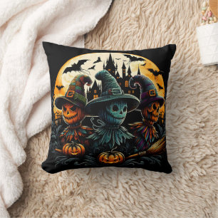 Spooky scarecrow trio by the full moon cushion
