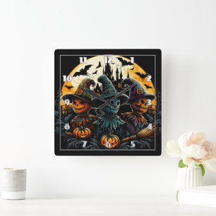 Spooky scarecrow trio by the full moon square wall clock
