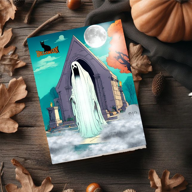 Spooky Scary Ghost Standing in Cemetery Halloween. Holiday Card (Spooky Scary Ghost Standing in Cemetery Halloween. )